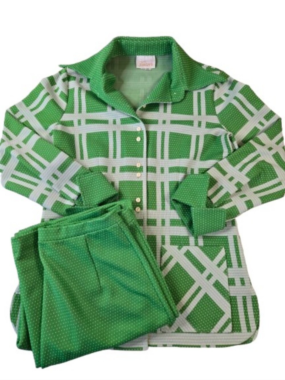 Vintage 70s Jantzen Green Mod Geometric 2 Piece Leisure Suit Size 14